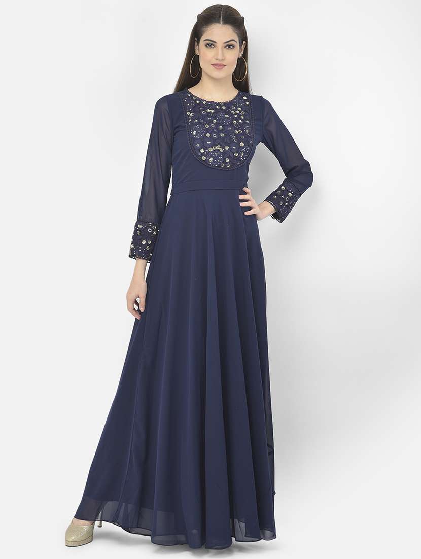 mock neck self design maxi ethnic dress