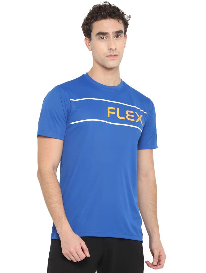 blue crew-neck printed t-shirt