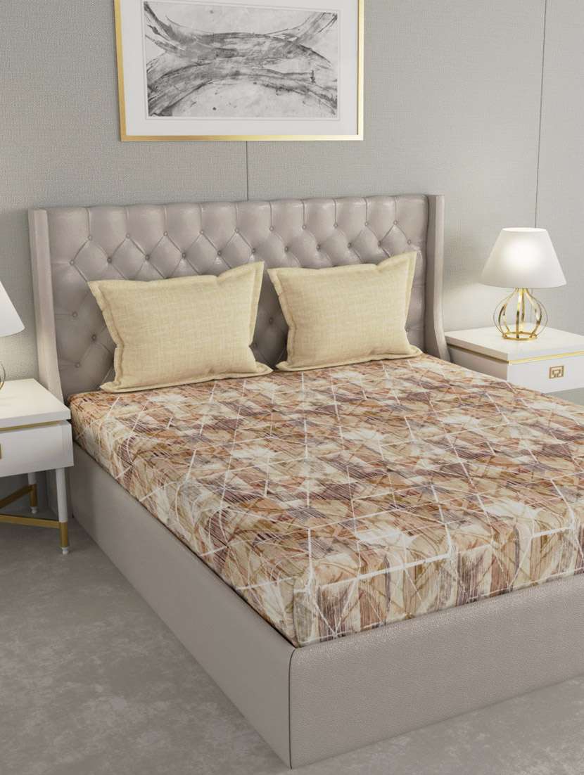 gm geometric 144 tc 100% cotton digital print brown double bedsheet with 2 pillow covers