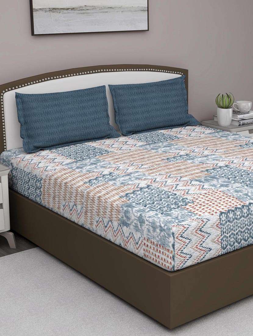 gm abstract 180 tc 100% cotton digital print blue double bedsheet with 2 pillow covers