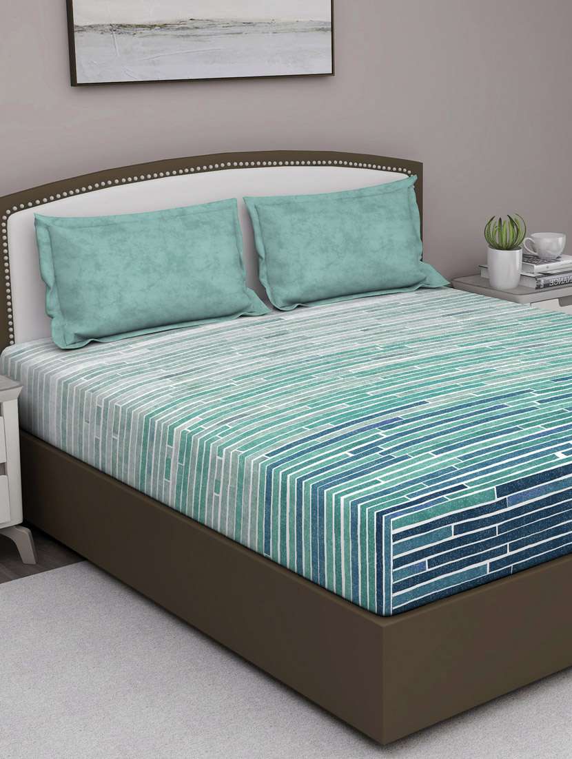 gm geometric 180 tc 100% cotton digital print blue double bedsheet with 2 pillow covers