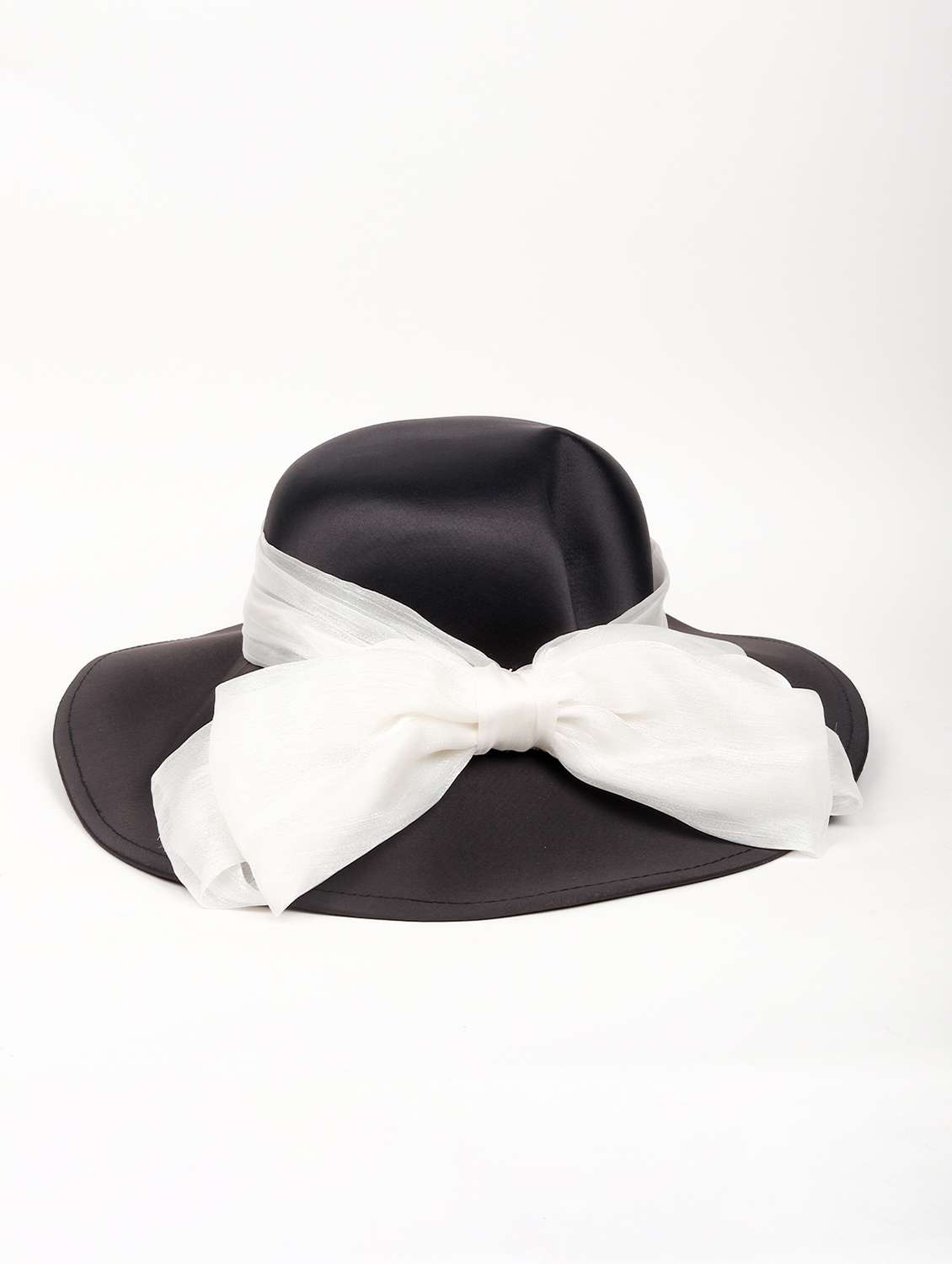satin black boater hat with a white bow