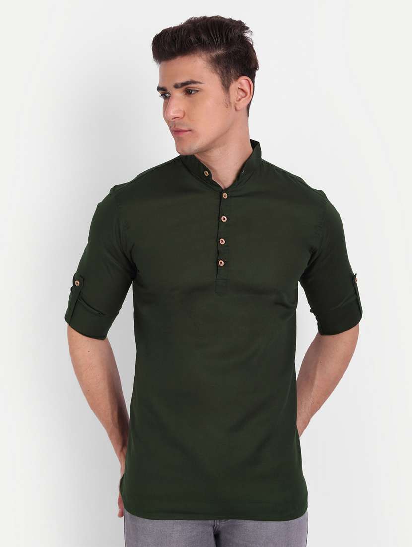 bottle-green solid cotton kurta
