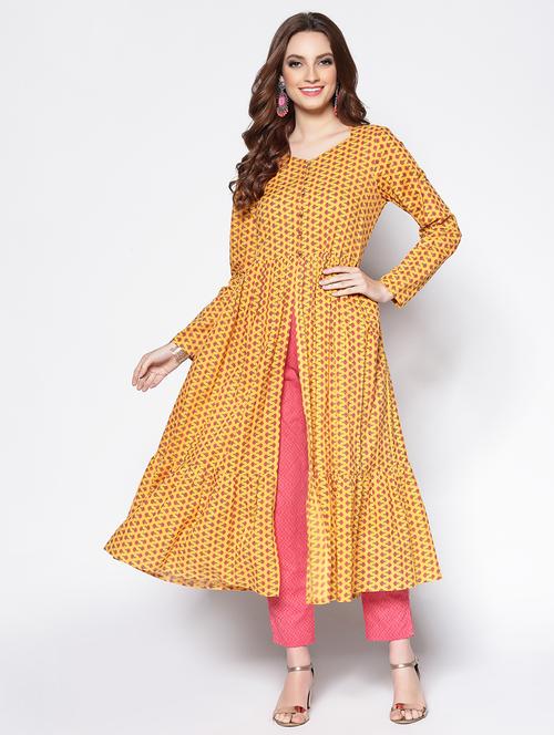 women yellow printed long sleeve front slit kurta - 18081061 -  Standard Image - 0