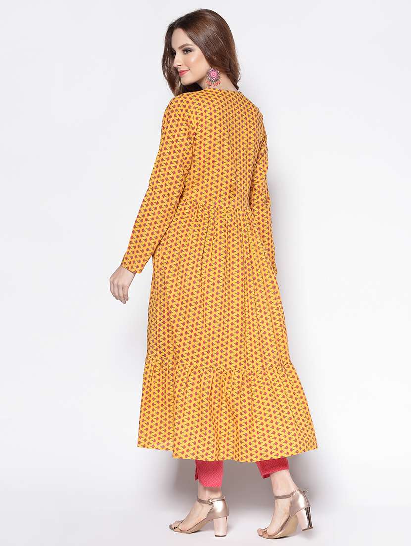 Women Yellow Printed Long Sleeve Front Slit Kurta