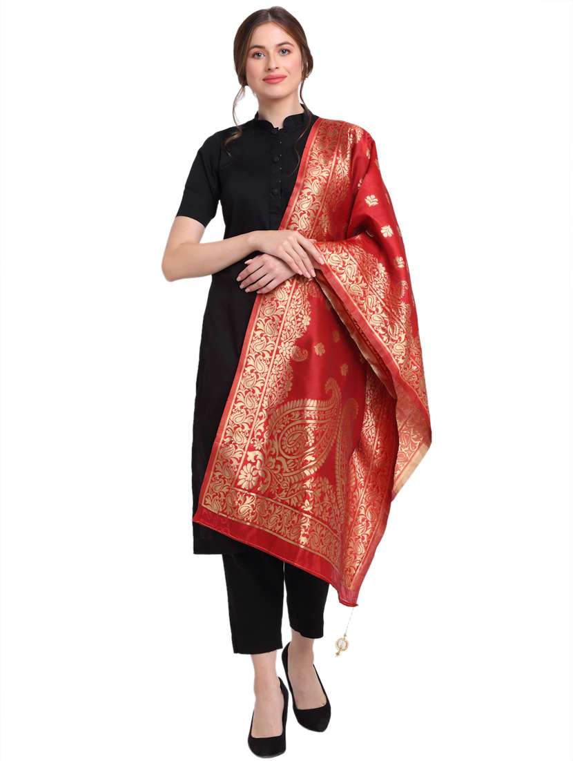 red self designed chanderi dupatta