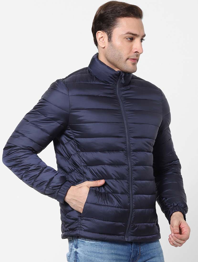 navy blue solid quilted jacket - 18083802 - Standard Image - 2