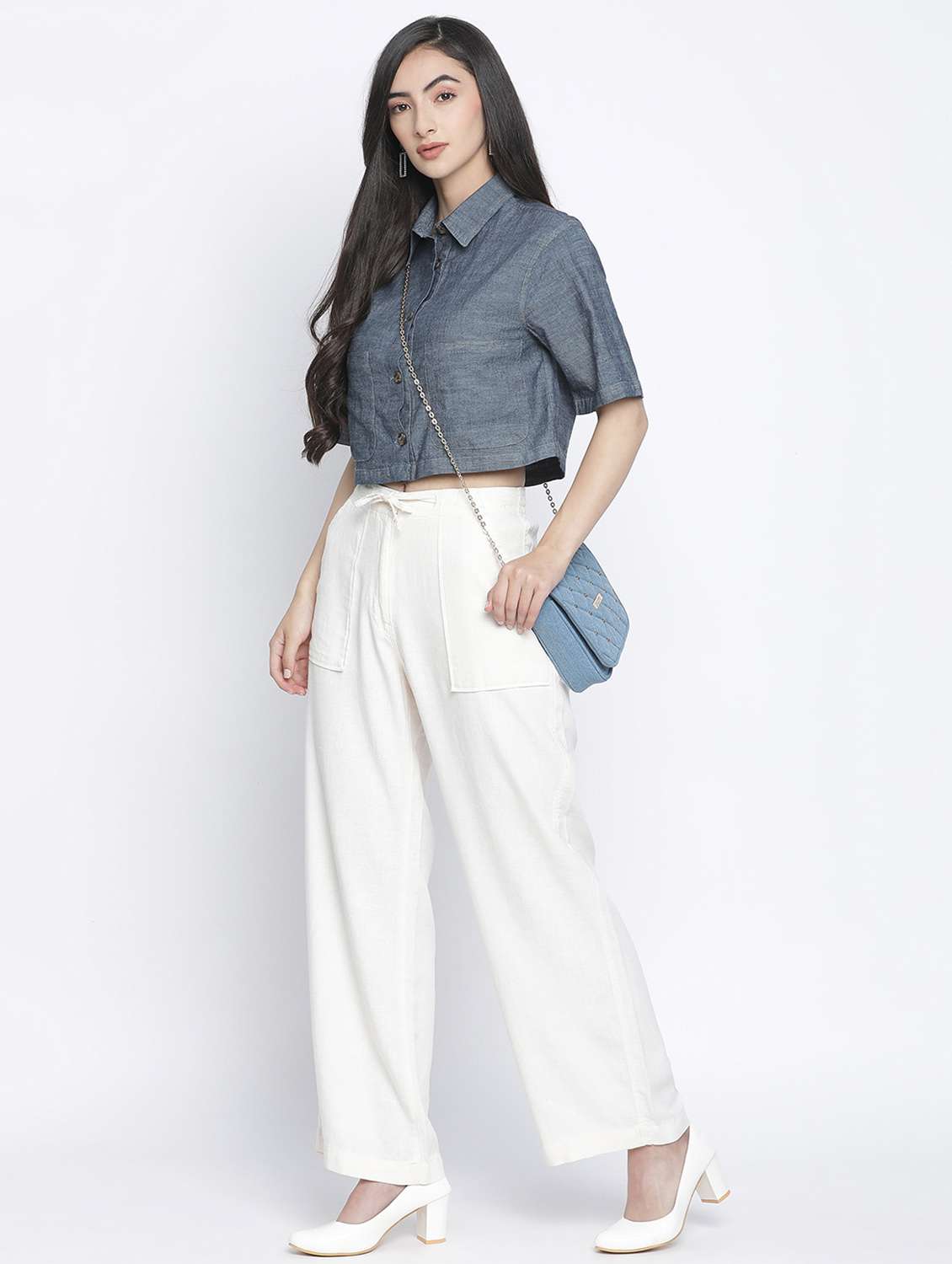 Women Solid Color Crop Shirt