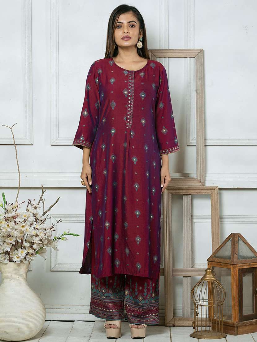 maroon silk straight kurta