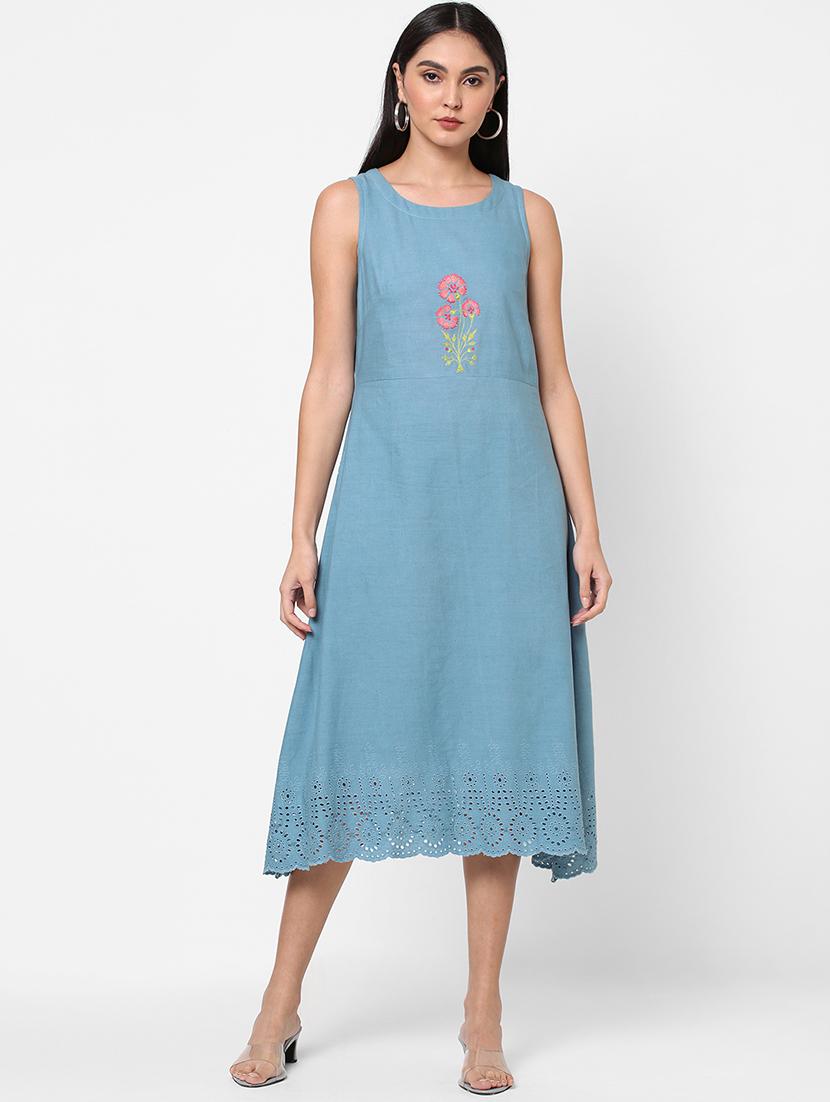 blue cotton fit & flare ethnic dress