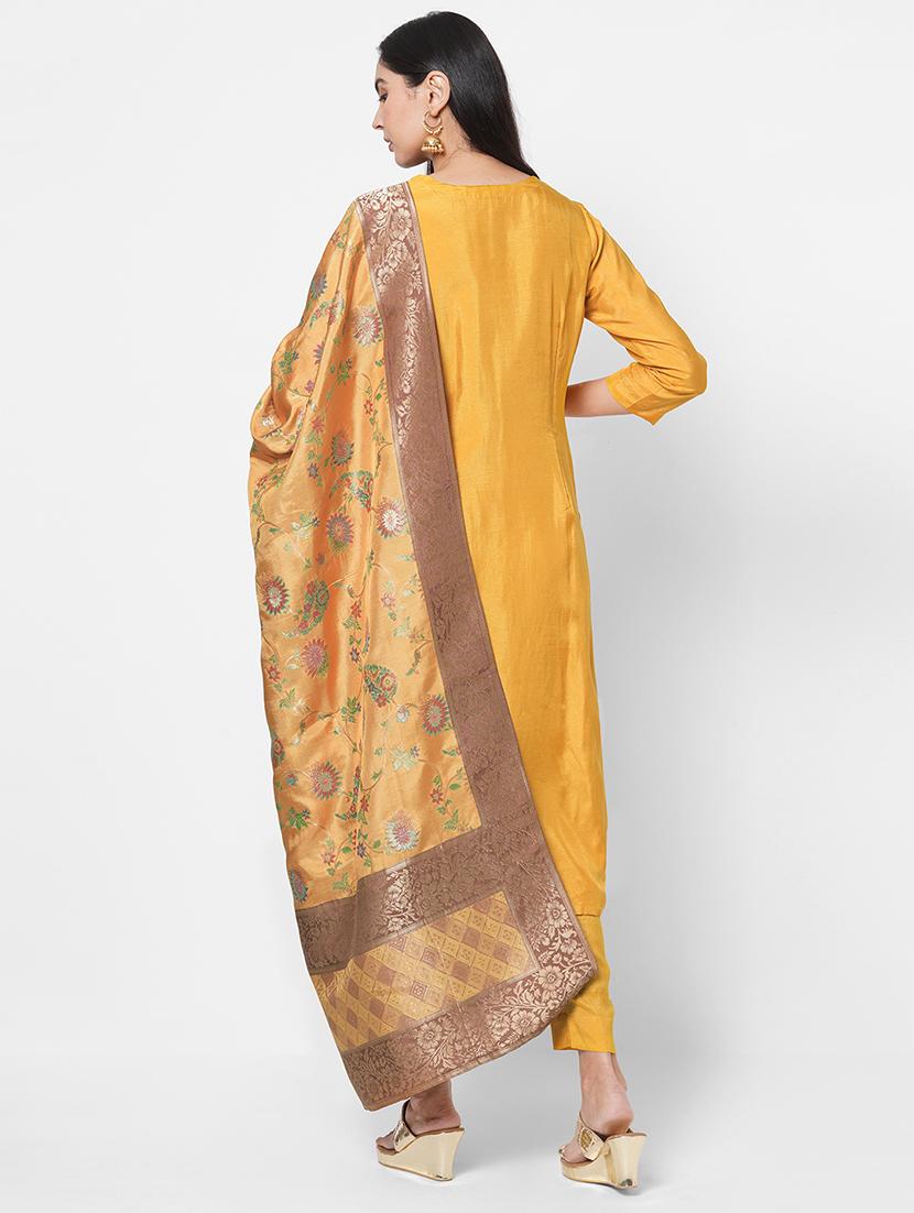 yellow printed unstitched suit set - 18113077 - Standard Image - 2