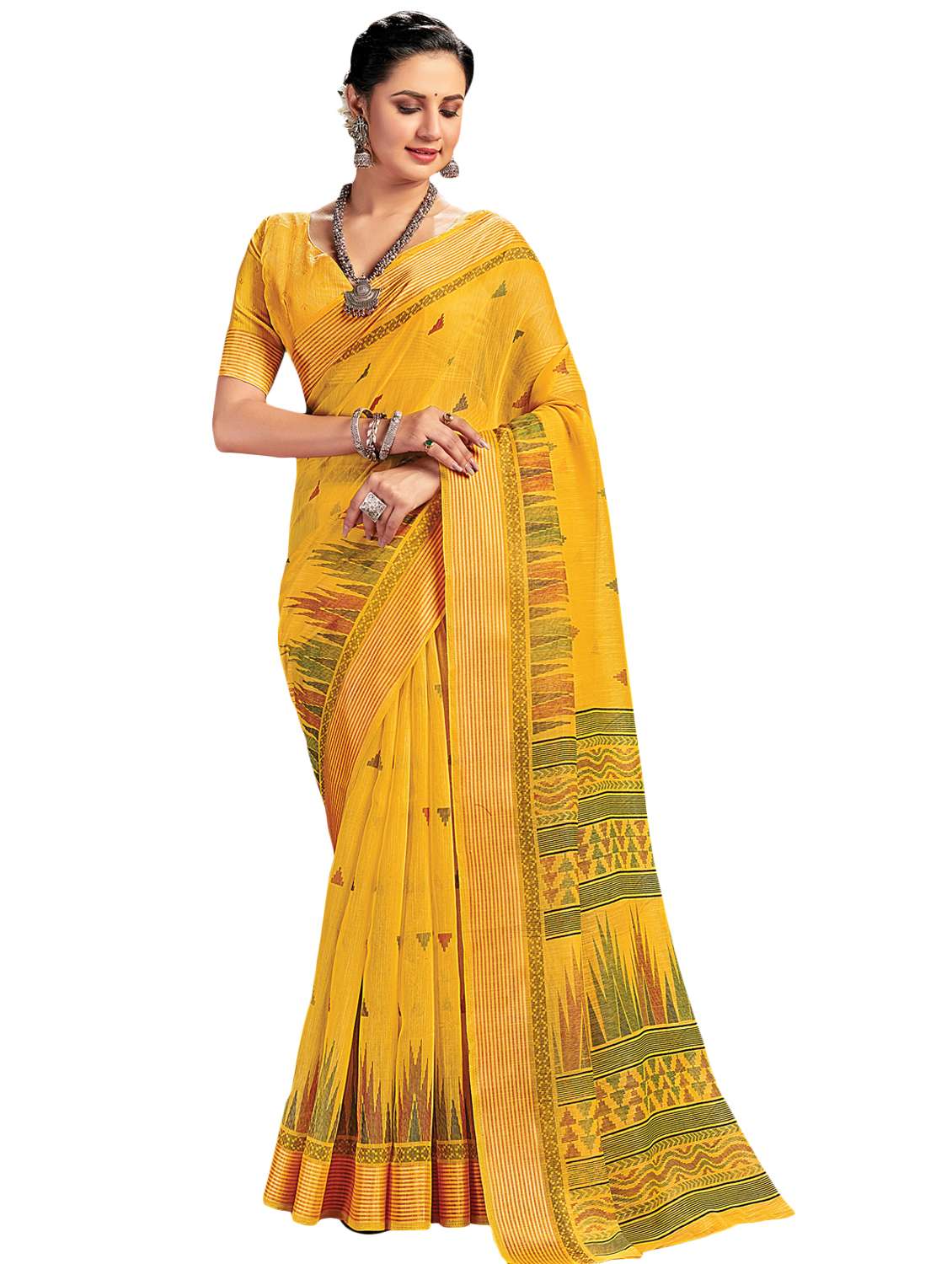 yellow ikat print saree with blouse