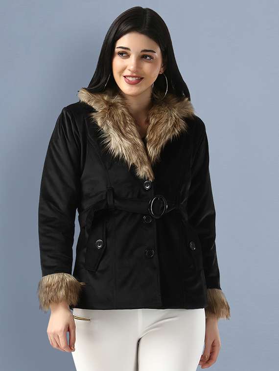 women black solid lapel neck fur jacket