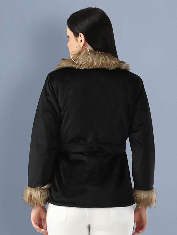 women black solid lapel neck fur jacket - 18138365 -  Standard Image - 2
