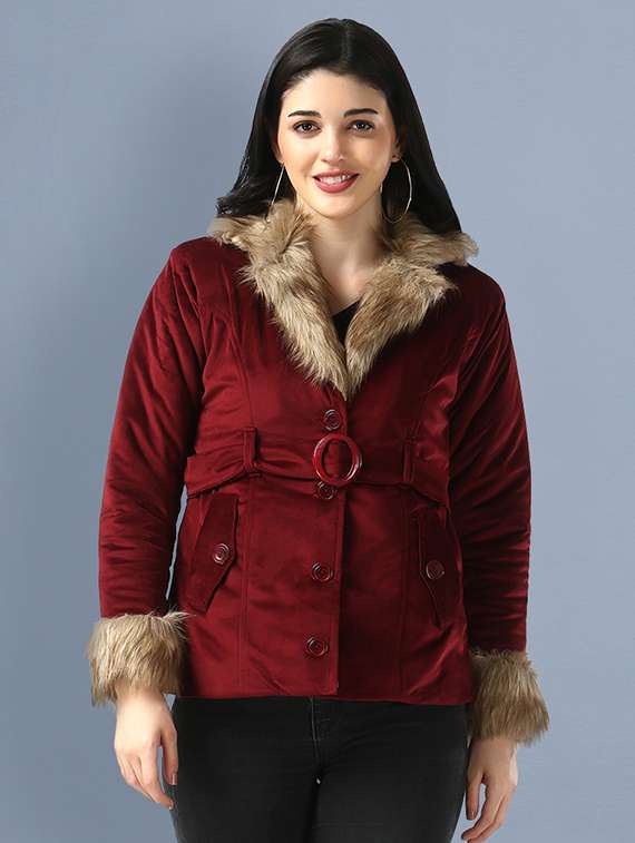 women maroon solid lapel neck fur jacket - 18138375 -  Zoom Image - 0
