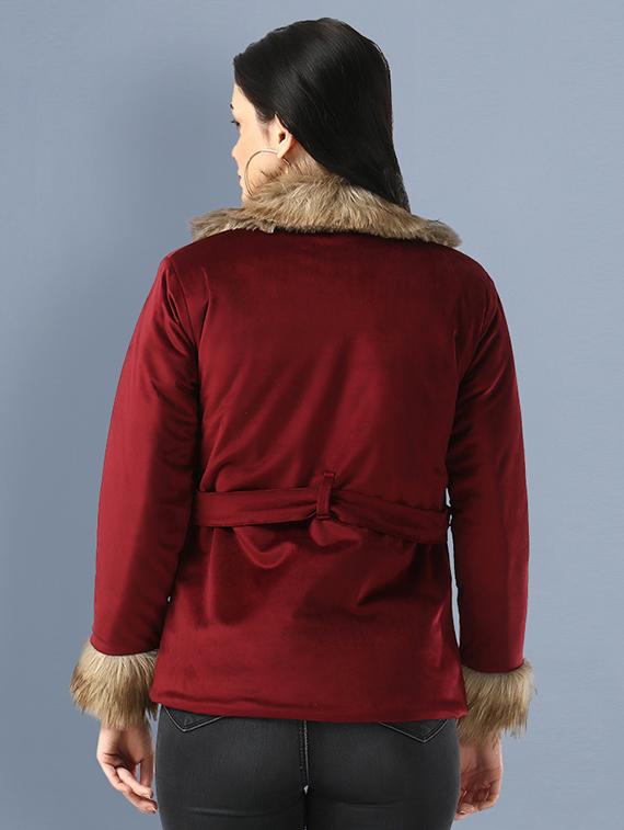 women maroon solid lapel neck fur jacket - 18138375 - Standard Image - 2