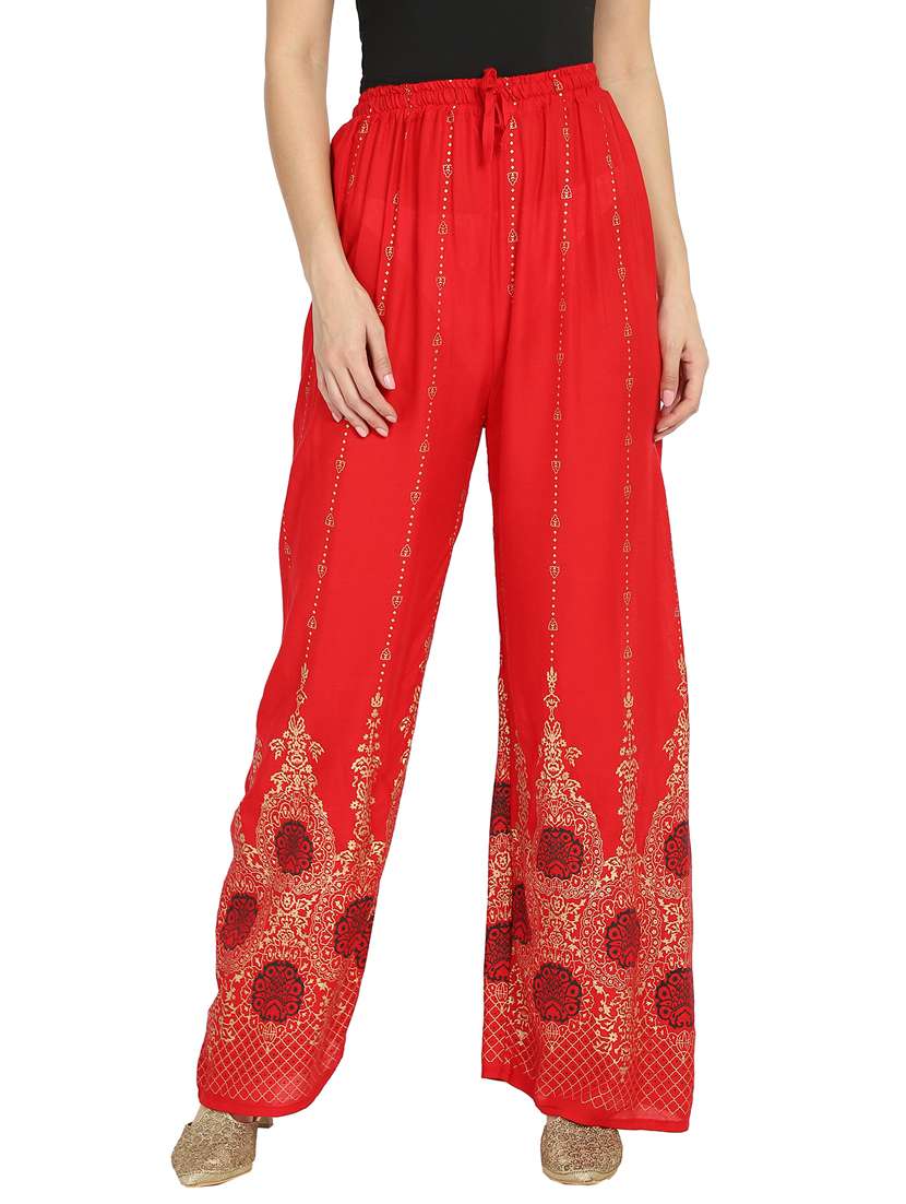 red printed straight palazzo 