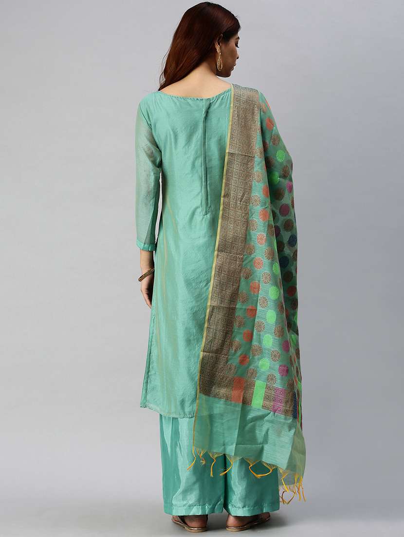 turquoise semi-stitched suit set - 18141626 - Standard Image - 2