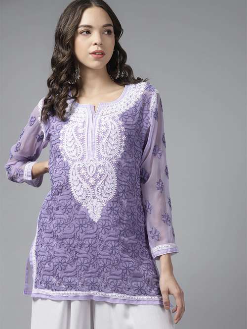 ada hand-embroidered lavender chikankari straight kurti - 18143491 - Standard Image - 0