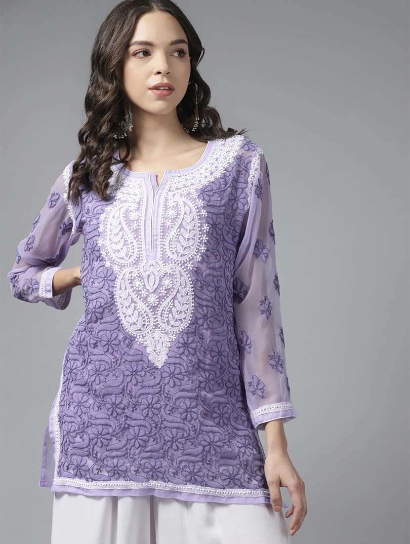 ada hand-embroidered lavender chikankari straight kurti - 18143491 - Zoom Image - 0