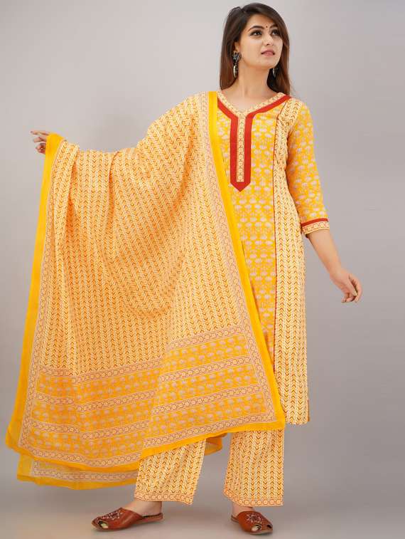 yellow cotton kurta dupatta  set