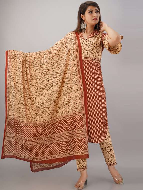 beige cotton kurta dupatta  set