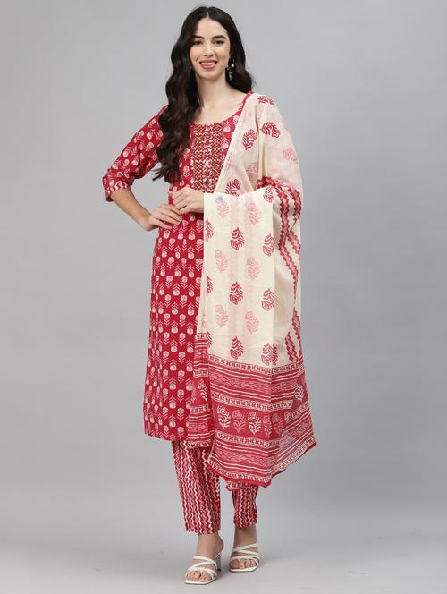 women three quarter sleeve kurta pant with dupatta set - 18151174 - Standard Image - 0