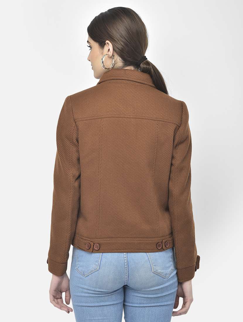 women brown solid shirt collar jacket - 18151946 - Standard Image - 2