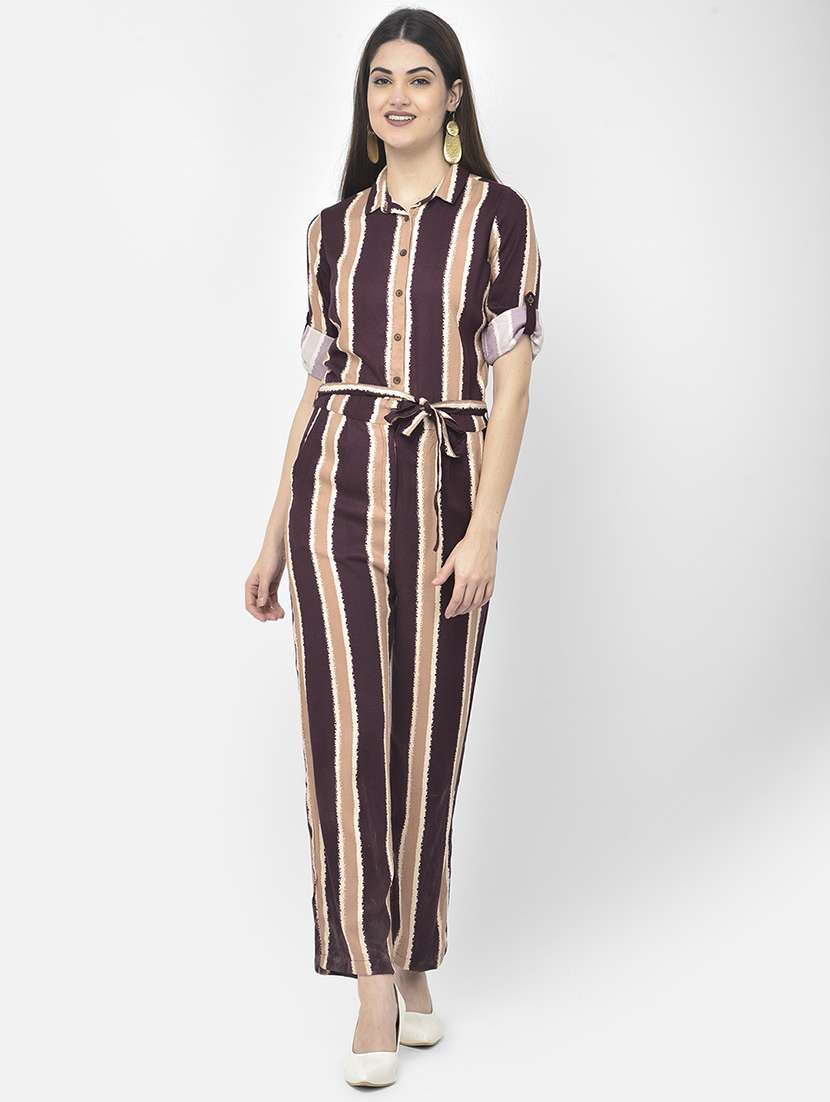 maroon stripes full leg jumpsuit