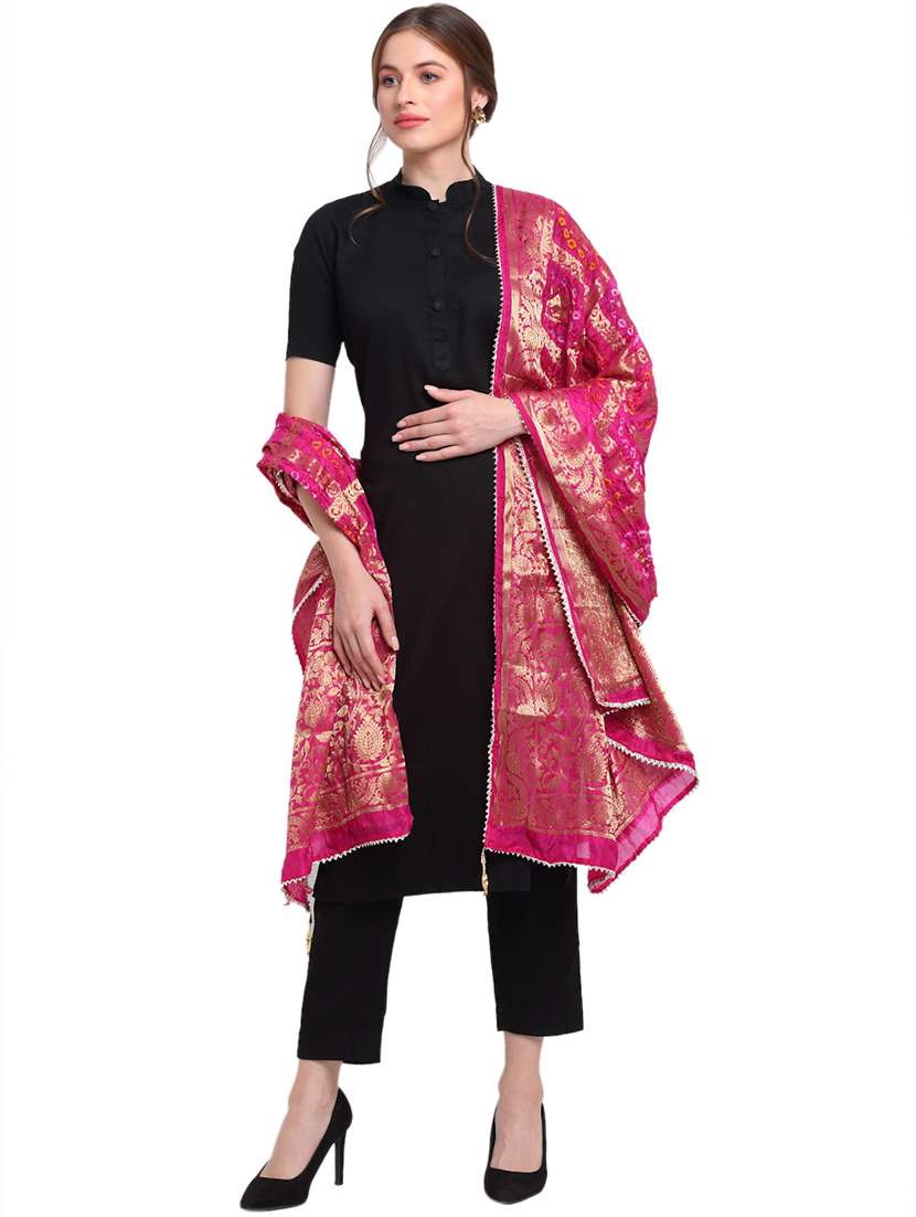 magenta self designed banarasi dupatta with tassels