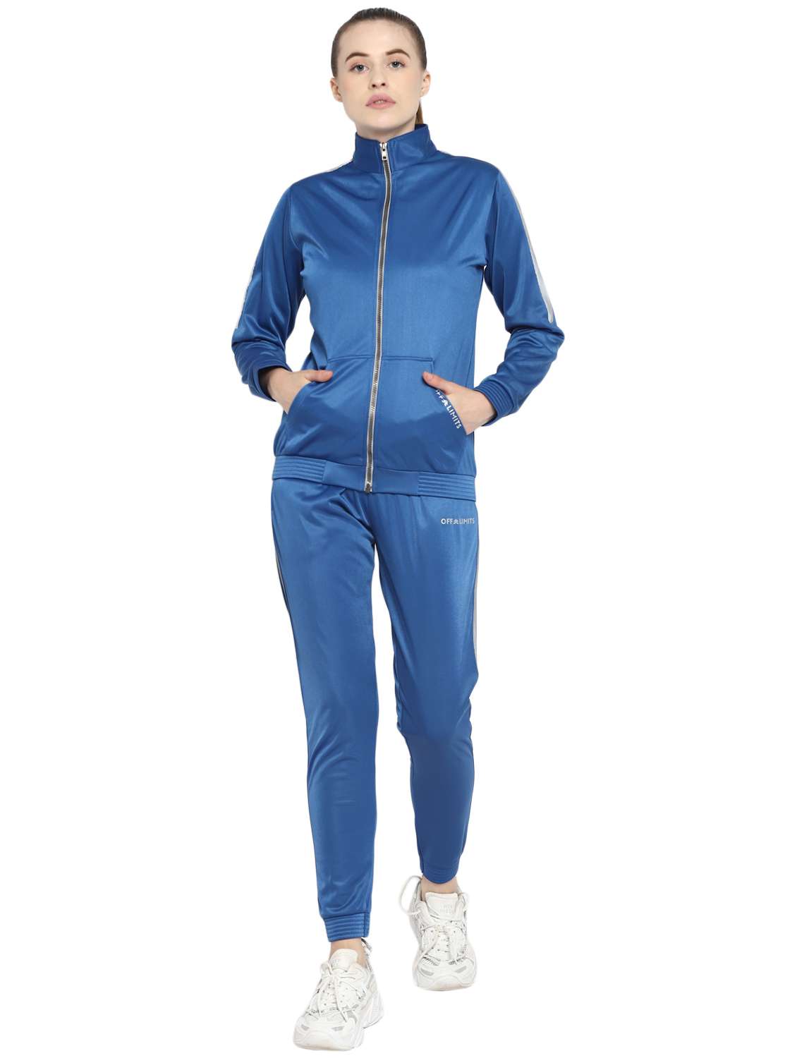 blue solid track pant full length set