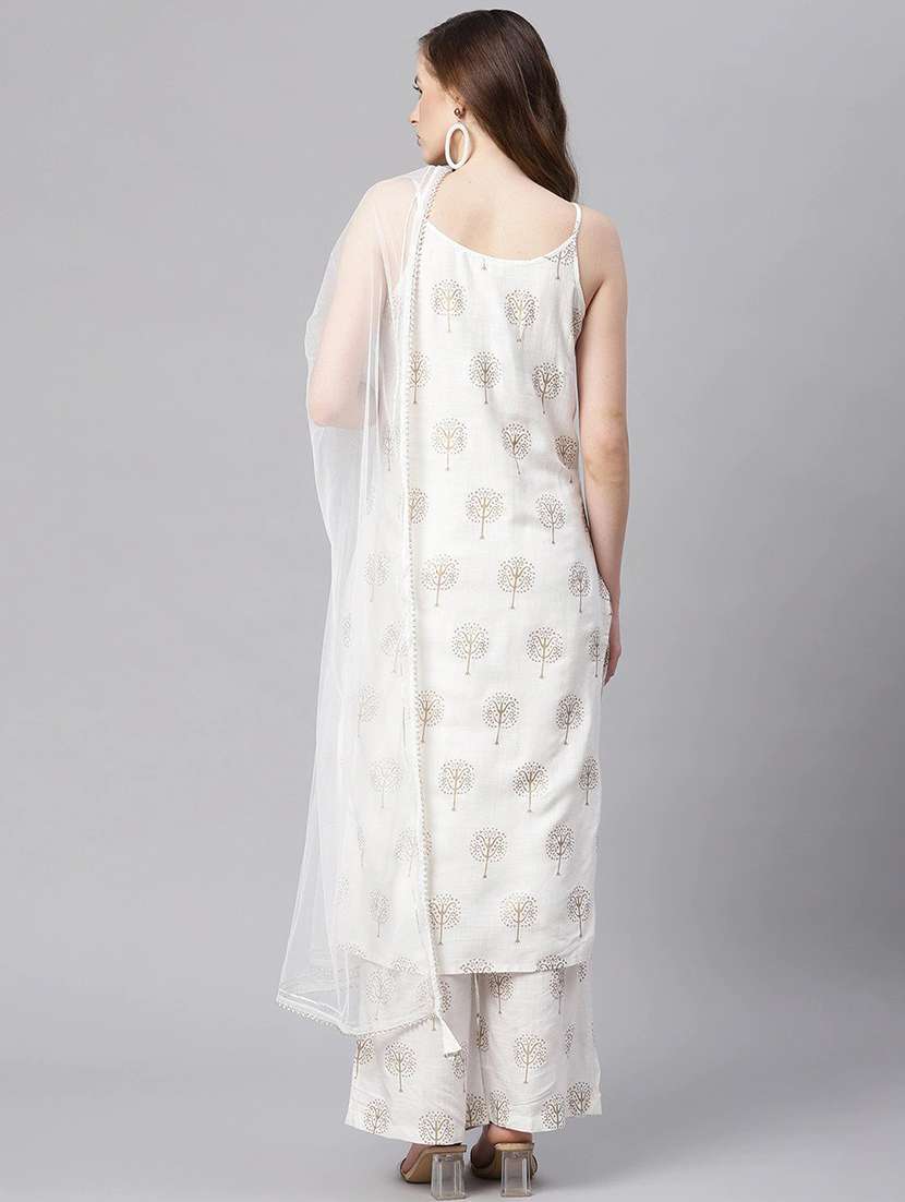 women whte sleeveless kurta palazzo with dupatta set - 18160271 -  Standard Image - 2
