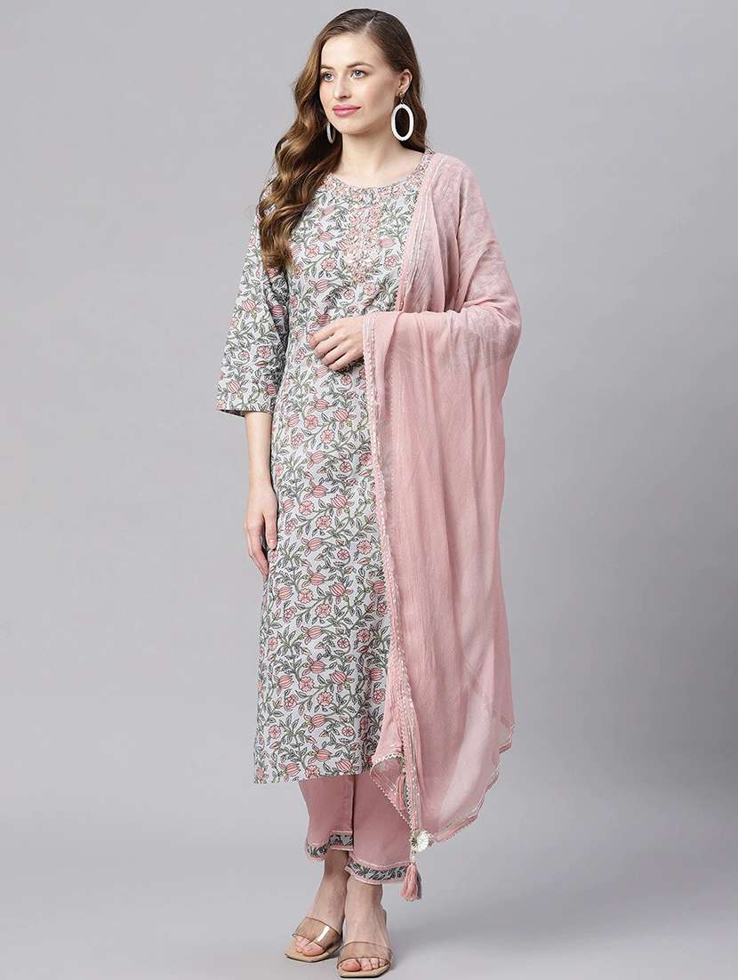 women three quarter sleeve kurta pant with dupatta set