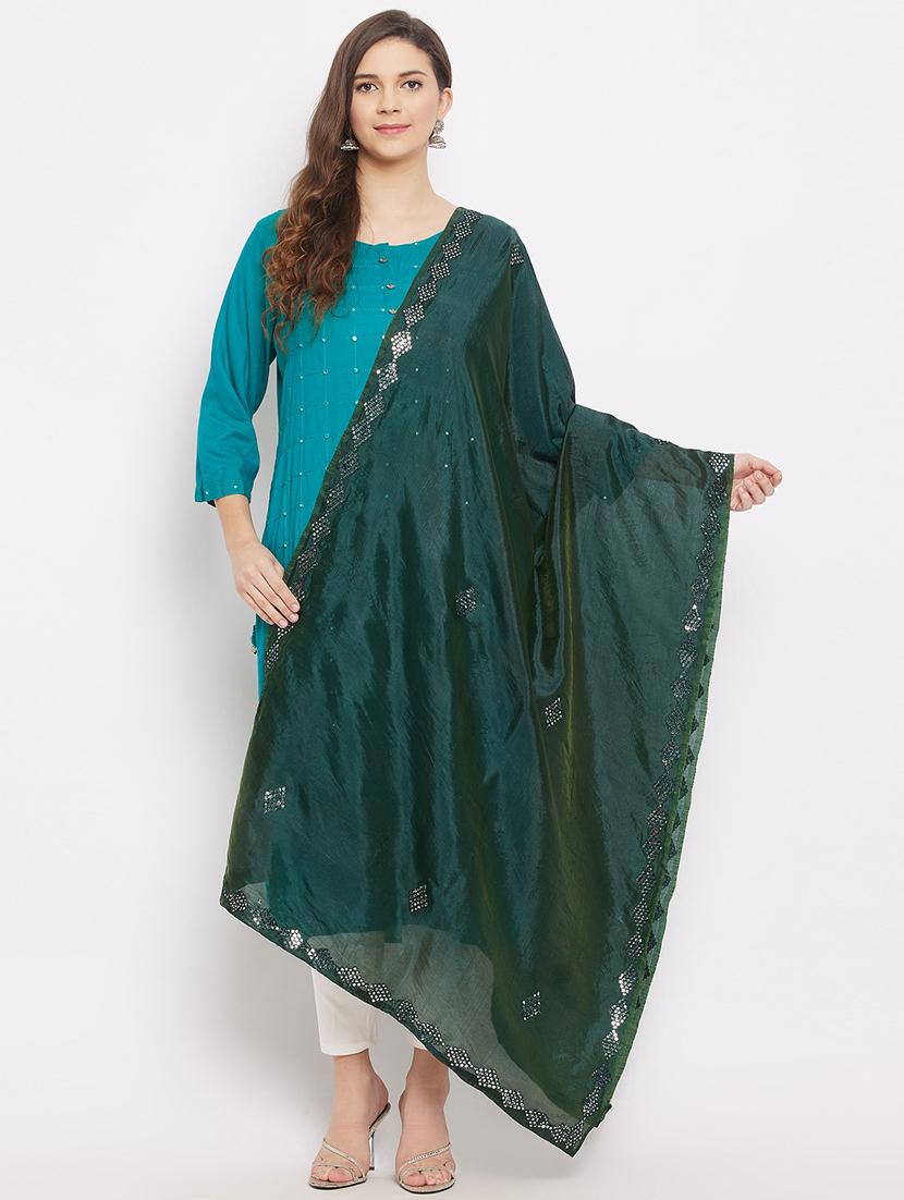 green silk blend dupatta - 18163368 -  Zoom Image - 0
