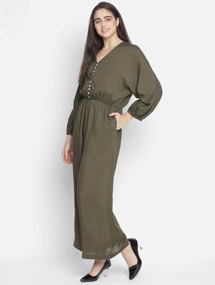 v neck solid full leg jumpsuit - 18164700 - Standard Image - 2