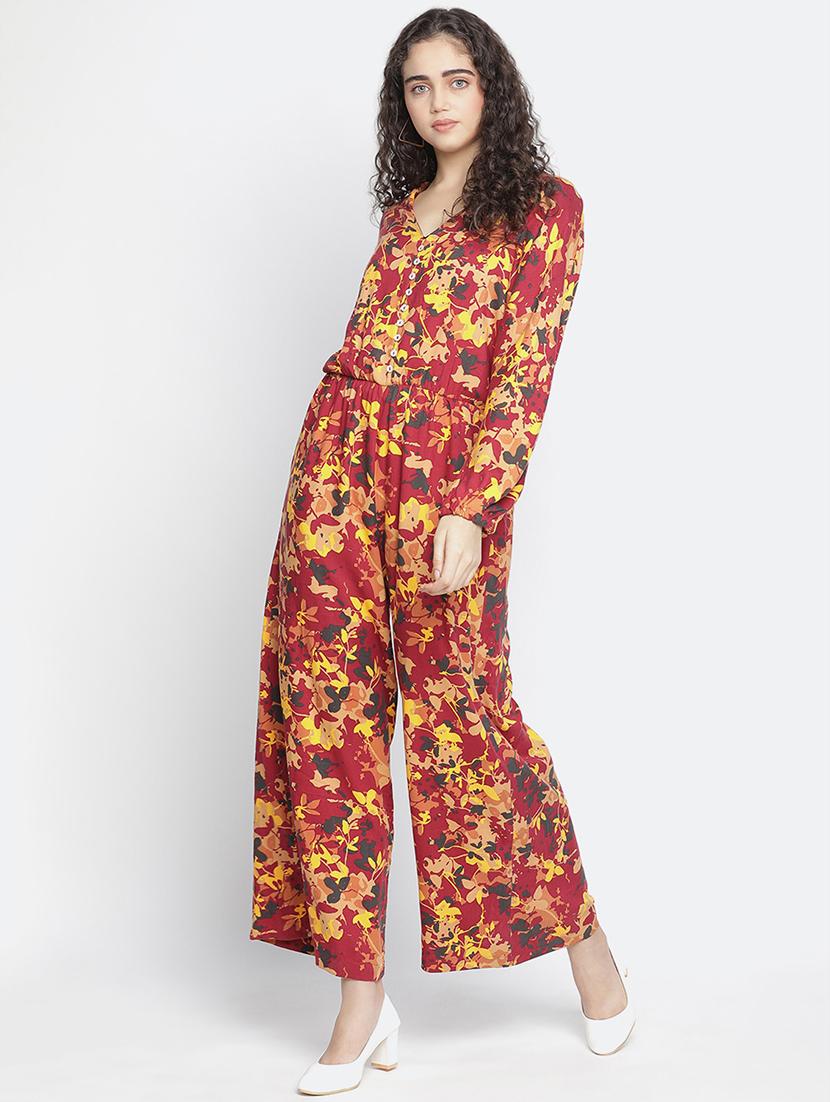 v neck floral full leg jumpsuit - 18164701 - Standard Image - 2