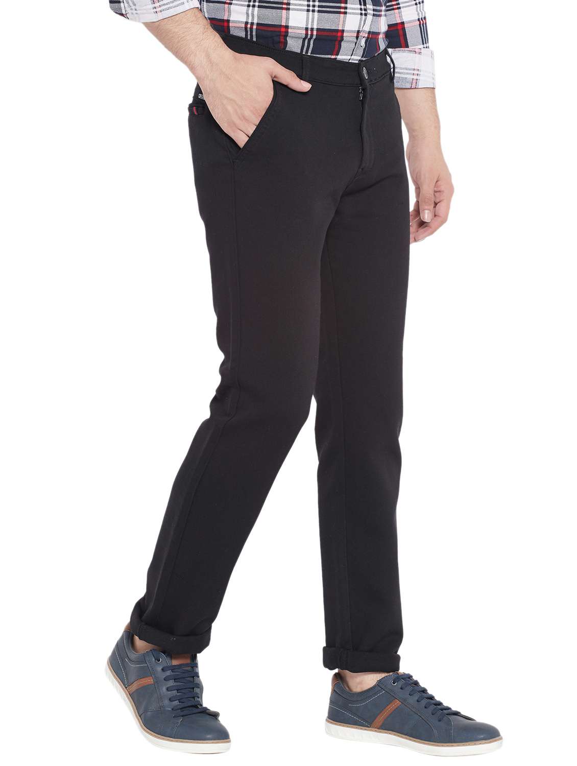 black cotton flat front casual trousers - 18170122 -  Standard Image - 2
