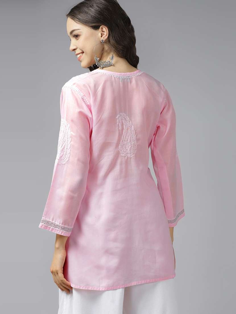 notch neck pink chikankari straight kurti - 18170317 - Standard Image - 2