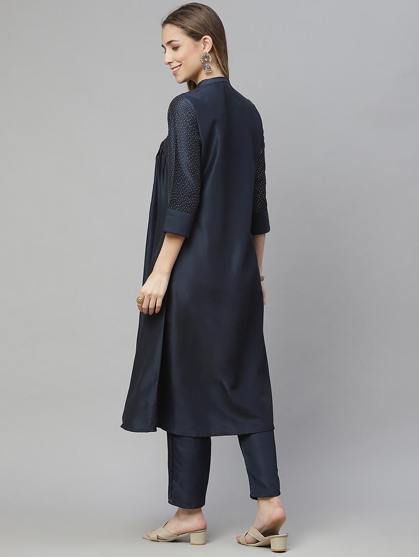 navy art silk kurta pant set - 18170458 - Standard Image - 2