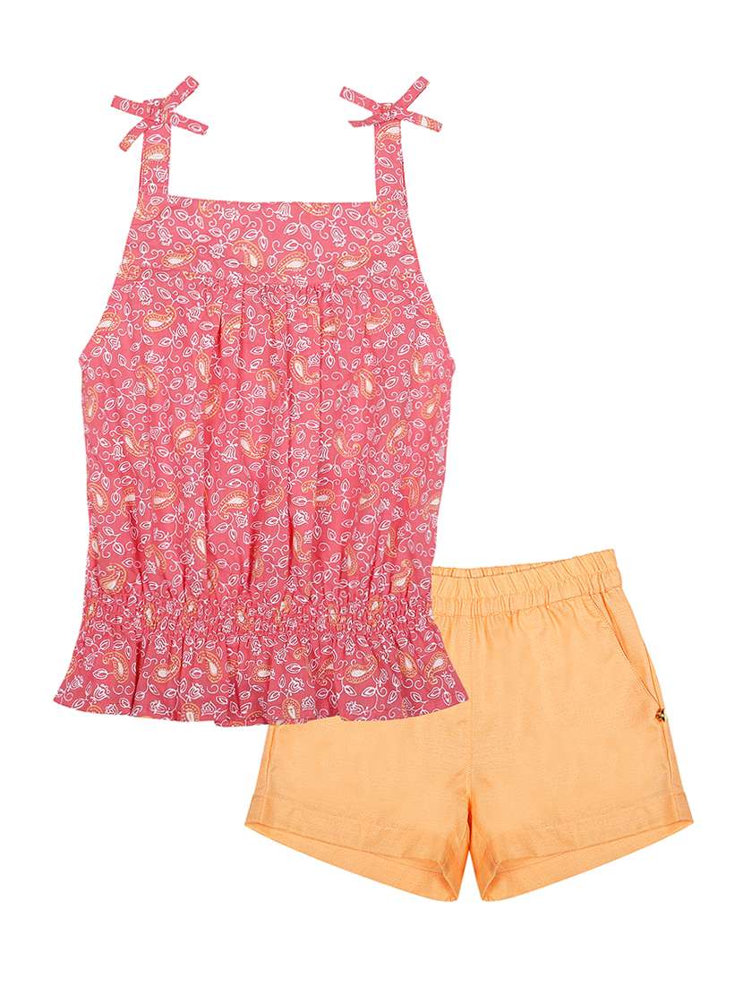 orange printed twin sets 