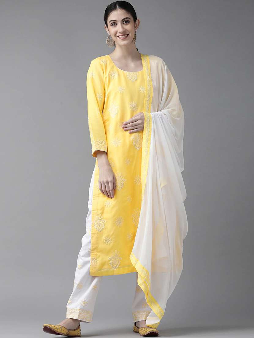 ada hand embroidered yellow/white cotton lucknowi chikankari unstitched suit piece	