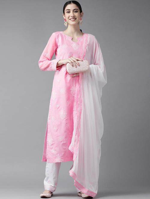 ada hand embroidered pink/white cotton lucknowi chikankari unstitched suit piece - 18172880 - Standard Image - 0