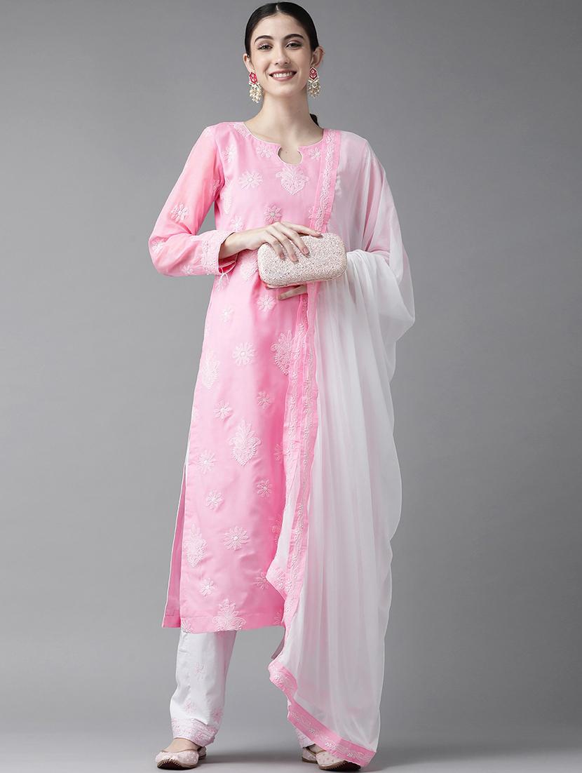 ada hand embroidered pink/white cotton lucknowi chikankari unstitched suit piece - 18172880 - Zoom Image - 0