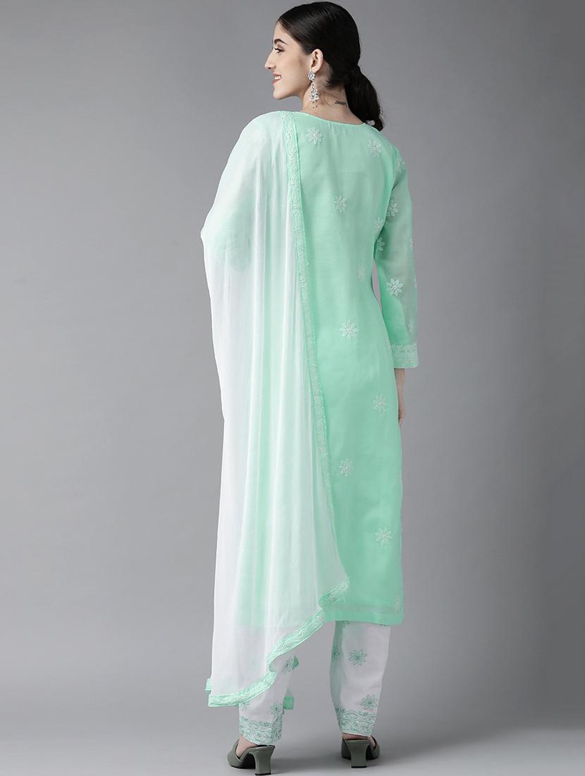 ada hand embroidered sea green cotton lucknowi chikankari unstitched suit piece - 18172881 - Standard Image - 2