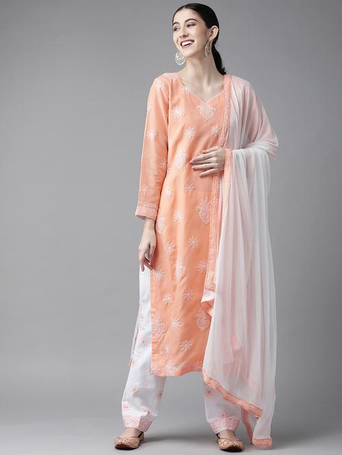 ada hand embroidered peach/white cotton lucknowi chikankari unstitched suit piece	 - 18172882 -  Standard Image - 0
