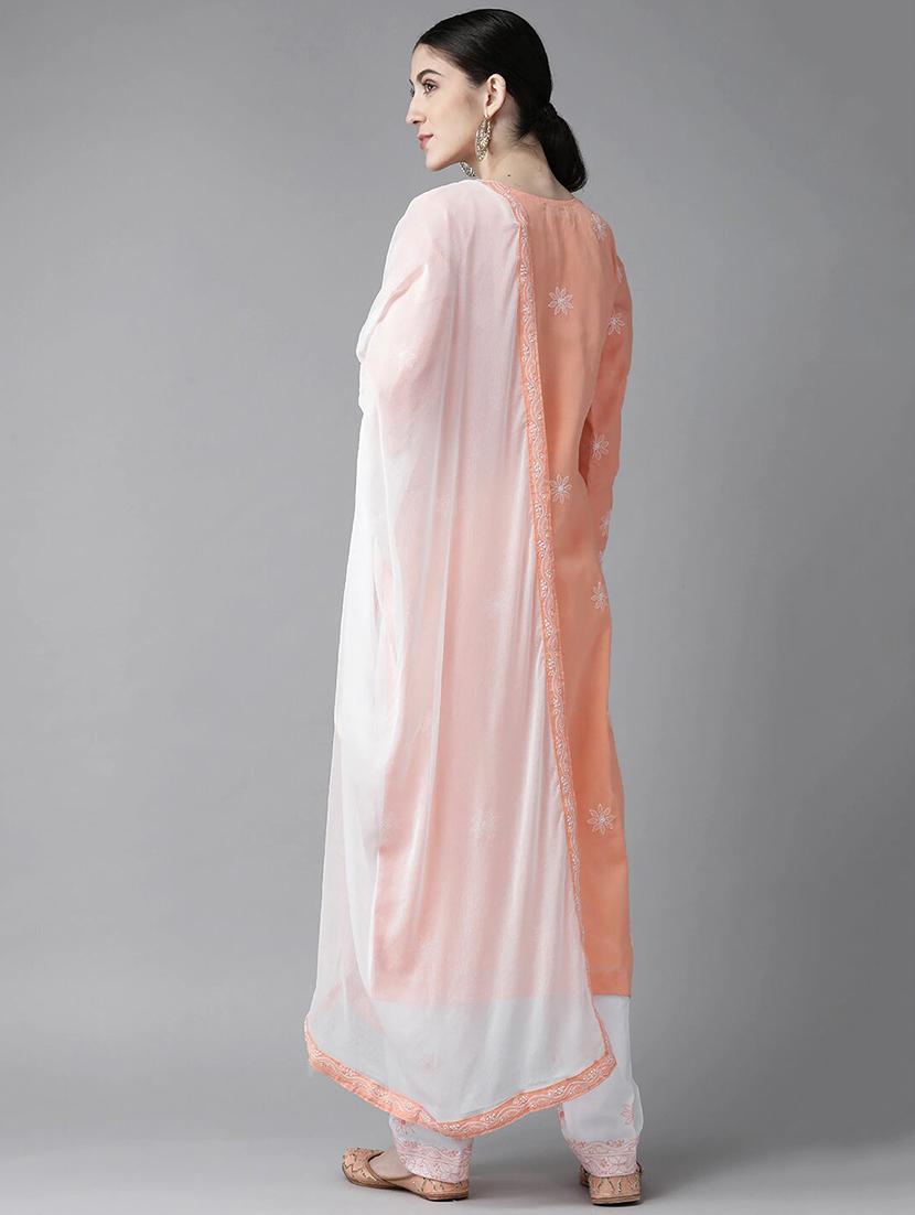 ada hand embroidered peach/white cotton lucknowi chikankari unstitched suit piece - 18172882 - Standard Image - 2