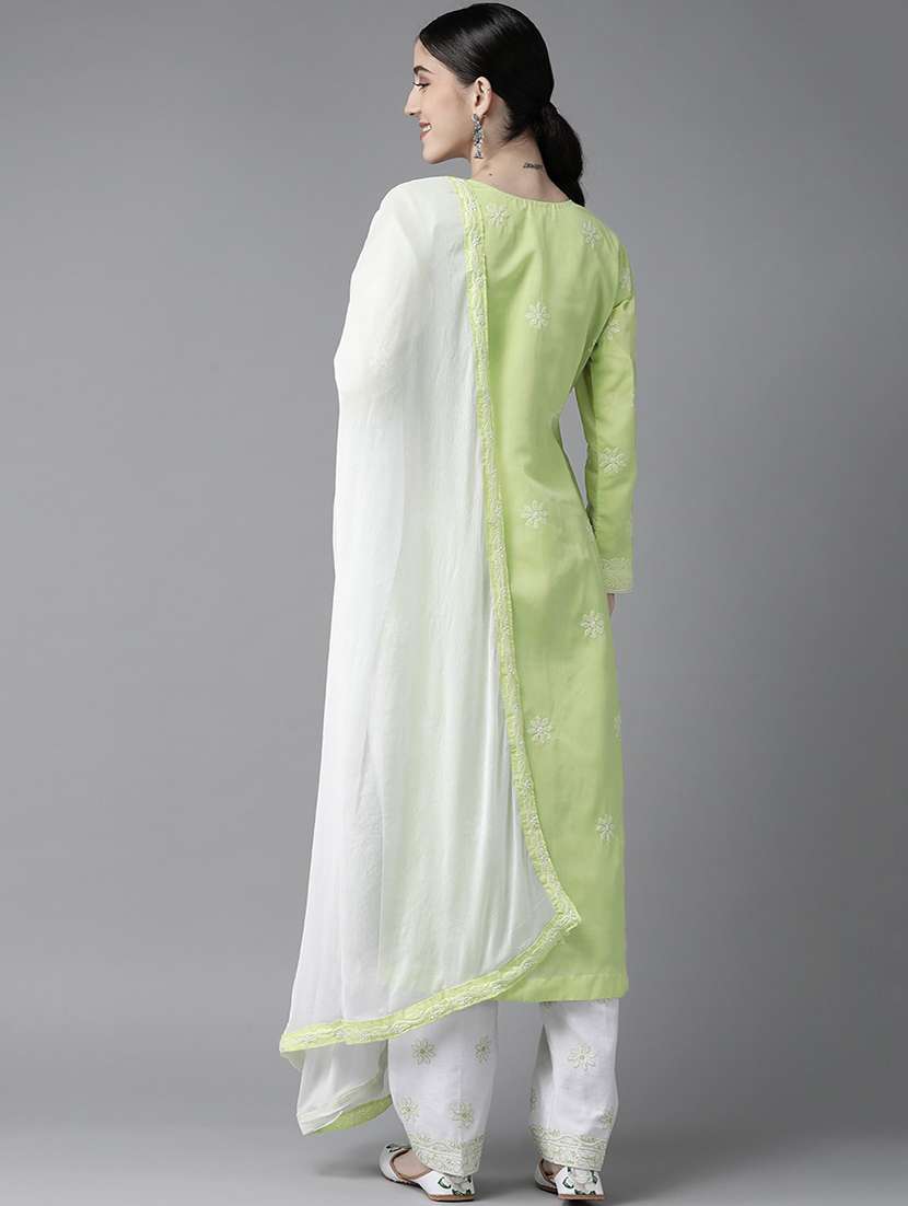 ada hand embroidered green/white cotton lucknowi chikankari unstitched suit piece	 - 18172883 -  Standard Image - 2
