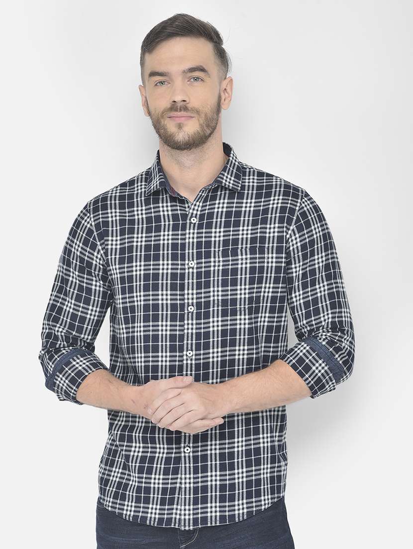 navy blue checked casual shirt