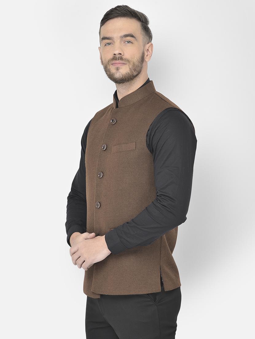 brown solid classic nehru jacket - 18178895 - Standard Image - 2