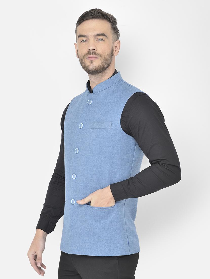 light blue solid classic nehru jacket - 18178899 - Standard Image - 2